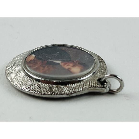 Photo Charm Pendant Silver Toned Picture Frame Vintage Boy w/ Bear 60s 80s Old - Picture 6 of 10